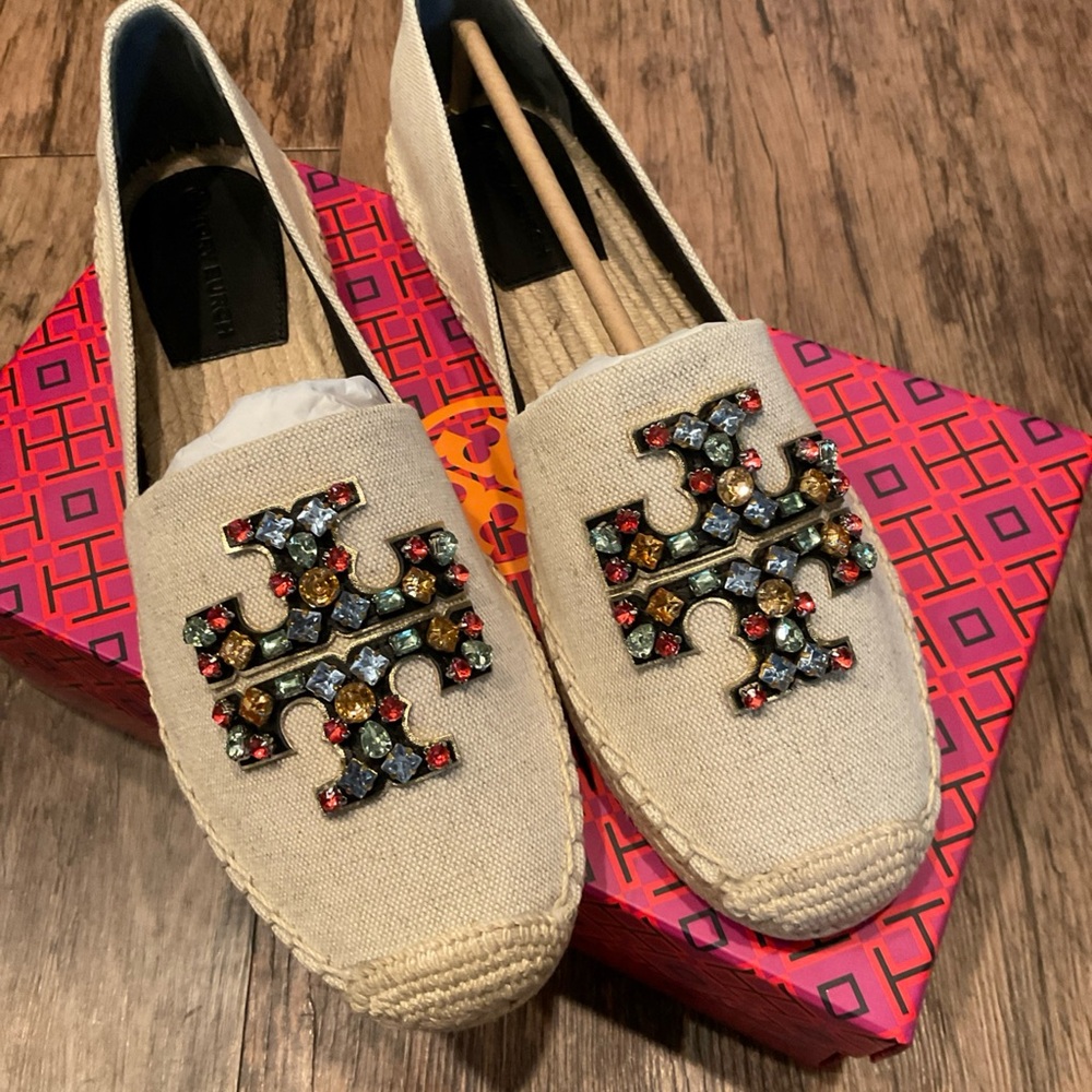 Tory Burch Beige Espadrille Flats with Multicolor Jeweled Logo